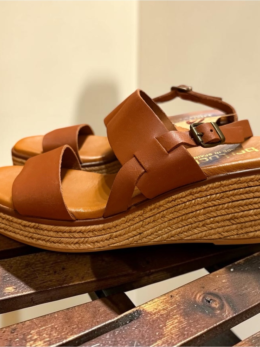 Bartuxhi Italian Leather Wedge Espadrille Sandals in Cognac Brown